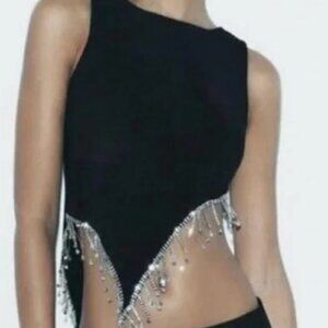 NWT Zara Asymmetrical Crop Top With Rhinestone Fringe Detail